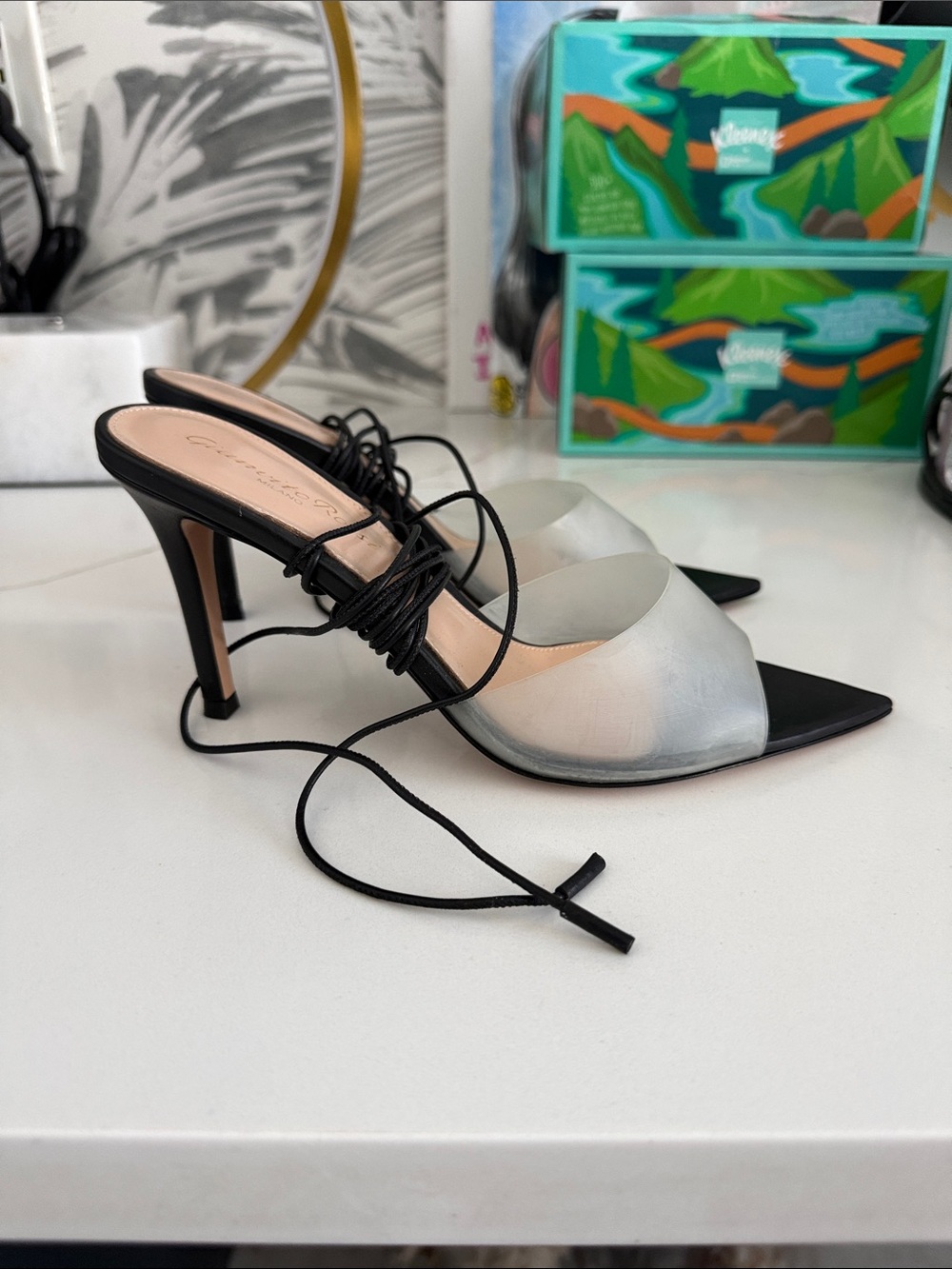 Gianvito Rossi Black and Clear Lace-Up Pointed-Toe Heel